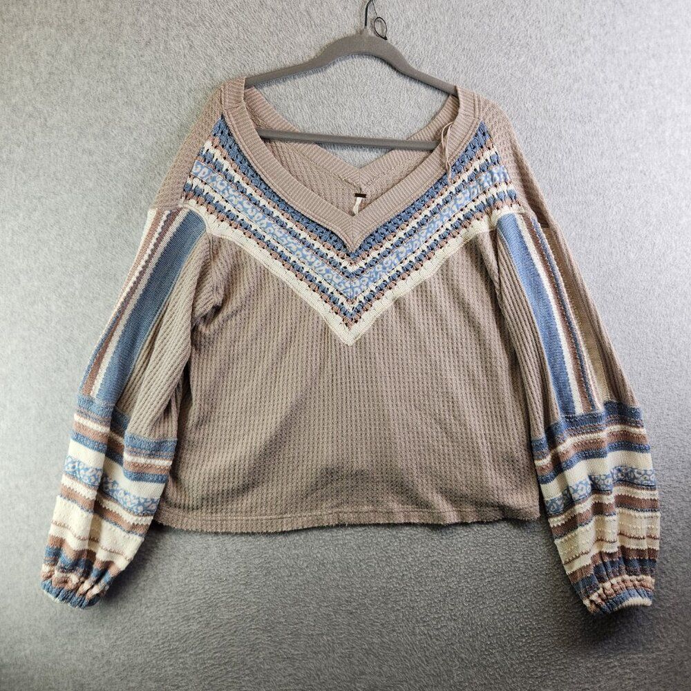 Free People Sweater Womens XS Copenhagen Thermal Waffle Contrasting Sleeves - Picture 7 of 16